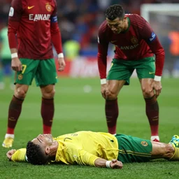 ronaldo in a game laying down because he's tired and his teammates are angry at him