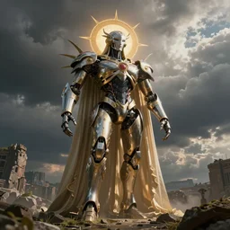 a cinematic view of wide photo of an automata divine holy creature