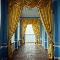 movie still by tarkovsky of a blue neoclassical interior corridor with yellow drapery finishing on a lake, cinestill 8 0 0 t 3 5 mm, heavy grain, high quality, high detail, isometric view