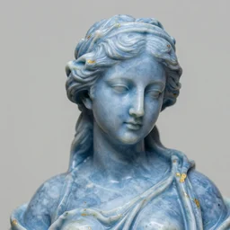 a blue marble statue masterpiece of a gorgeous woman made from blue marble with white and gold, macro detailed oily skin. highly detailed, sharpness. victorian dress. hyper realistic., close up, face only, portrait, bright lights, bright render, octane render, corona render