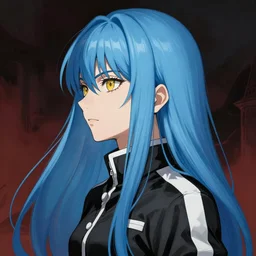 profile shot of rimuru tempest, sky blue straight hair, long bangs, gold eyes, wearing a black jacket with white stripes, high collar, ultra detailed, brush strokes, digital painting, cinematic, wlop, closeup, pixiv, color block, eerie, scary, yoshitaka amano, andy warhol, junji ito