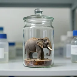 a laboratory, jar on a shelf, inside the jar is an elephant