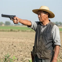 a farmer holding a gun