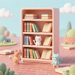 bookshelf with jumping cats, brick streets, ancient manuscripts, nordic pastel colors, 3 d art, digital illustration, perfect lighting