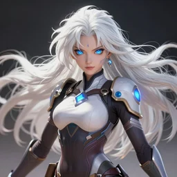 highly detailed, digital art, pixiv fanbox, trending on artstation, ray tracing, volumetric lighting, sharp focus, hq, overwatch style barbarian female character, white long messy hair and blue eyes, arcane, by artgerm, wlop, greg rutkowski, miyazaki hayao