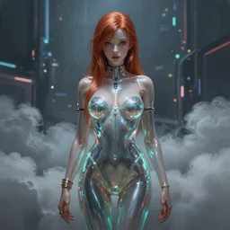 ultra realist and ultra intricate detailed soft painting of a beautiful slim curvy female dollpunk succubus in bioluminescent glass bodysuit, thin lustrous auburn hair, symmetry features, sensual gloomy style, soft painting, volumetric clouds,  cyberpunk background, artstation, Tom Bagshaw artstyle, unreal render, depth of field