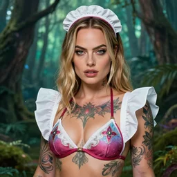 Margot robbie as a beautiful tattooed female maid wearing a magical bikini in a magical forest, detailed face, piercing gaze, fantasy art, in the style of artgerm, illustration, epic, fantasy, intricate, hyper detailed, artstation, concept art, smooth, sharp focus, ray tracing, vibrant