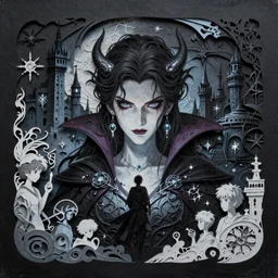 breathtaking detailed art portrait painting of evil fantasy sorceress vampire, dark castle setting, with anxious, piercing eyes, amalgamation of spells, by Hsiao-Ron Cheng, James jean, Miho Hirano, Hayao Miyazaki, extremely moody lighting, Black paper, cut paper texture, Full of light-blue and silver and white layers, 8K, intricate detail, cgsociety, hyperrealistic, octane render, RPG portrait, ambient light, dynamic lighting