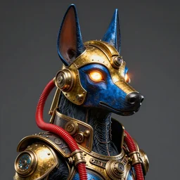 awardwinning portrait photo of a steampunk anubis, wearing a glowing golden and blue metallic steampunk helmet with red tubes and shiny metallic devices, 3 d render, crisp, 8 k, fluorescent colors, insanely integrate, nikon photography