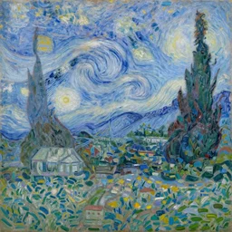 a gorgeous blue italian mountain by monet and van gogh