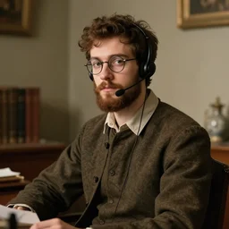 Pre-Raphaelite portrait of a young beautiful brown-haired bearded male with glasses sitting in office wearing headset