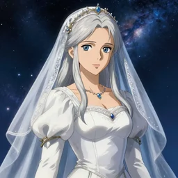 anime portrait of ciri from the witcher dressed as a bride, in the background you can see the milky way. official art, key visual, studio lightning, very detailed bd cover, Studio Ghibli, hyperrealistic, artstationextreme detail, caustics, trending on Artstation, 8K, octane renderer, rtx on