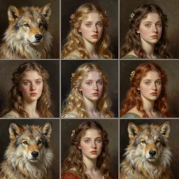 beautiful portrait, polyptych, animal, mythological