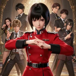 highly detailed portrait of beautiful girl with anime features wearing a red and black military uniform, by range murata and leyedencker, perfect infinite detail and detailed hands, dynamic pose, stephen bliss, unreal engine, by greg rutkowski, loish, rhads, ferdinand knab, makoto shinkai and lois van baarle, ilya kuvshinov, rossdraws, tom bagshaw, global illumination, radiant light, detailed intricate environment
