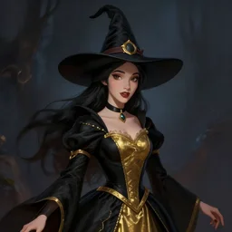 portrait of a beautiful female witch in black and golden dress , digital painting , digital art , pixar style , Disney , instagram , trending on artstation
