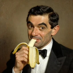 A portrait of Mister Bean eating a banana, painted by Rembrandt.
