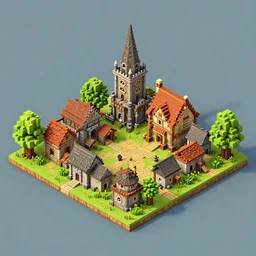 isometric medieval village made of voxels, 3 d
