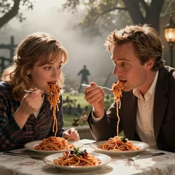 owen wilson and luke wilson eating spaghetti like lady and the tramp, fog, graveyard in the background