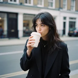 a model drinking coffee on a dusky street in london. mju 2, 3 5 mm porta 4 0 0 film.