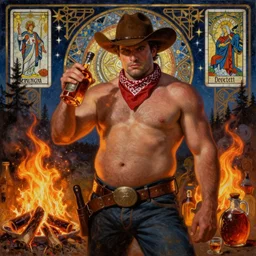a dramatic, epic, ethereal painting of a handsome thicc mischievous shirtless cowboy with a beer belly wearing a large belt and bandana holding a whiskey bottle | background is a late night campfire with food and jugs of whisky | homoerotic | fire, flames, stars, tarot card, art deco, art nouveau, mosaic, intricate | by Mark Maggiori | trending on artstation