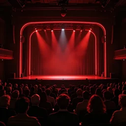 view from the stage, back of an audience at the atmospheric and obscure, red neon light, by roger deakins, cinematography, syd mead
