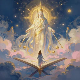 crossing over the spiritual veil to heaven, sharp focus, intricate, elegant, digital painting, artstation, matte, highly detailed, concept art, illustration, volumetric lighting, gold and blue and pink color scheme, bokeh light, art by greg olsen, arnold friberg, and liz lemon swindle