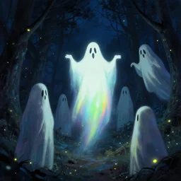 ghosts and ghouls at midnight in the forest. at night. night sky. fireflies. digital painting. marc simonetti. dancing ghost ghoul. michael whelan. mysterious rainbow glow. greg rutkowski. scary. creepy. artstation.