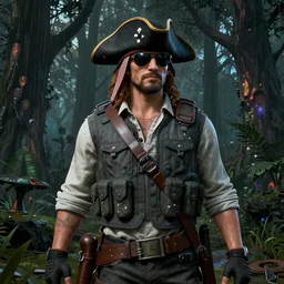 A man in a gray plate bulletproof vest, wearing a pirate cocked hat and sunglasses on his head stands against the background of a radioactive forest, graphics, fallout 4 render, 3d computer render, maximum details, rain, night, spotlight,