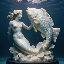 beautiful studio photograph of realistic merperson photographed underwater sculpting a giant fish out of shimmery marble, ancient greek classical sculpture, mottled light highly detailed trending on artstation 8 k octane render