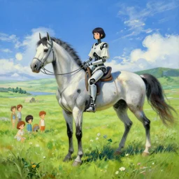 landscape of meadow with cyborg horse painting by gaston bussiere, anna nikonova aka newmilky, greg rutkowski, yoji shinkawa, yoshitaka amano, tsutomu niehi, moebius, donato giancola, geoffroy thoorens, concept art, trending on artstation, featured on pixiv, cinematic composition, 8 k