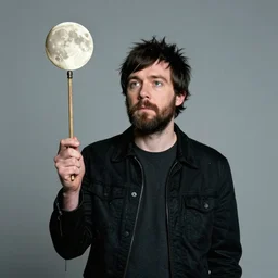 Thom Yorke, Radiohead, holding the moon upon a stick, with a beard and a black jacket, a portrait by John E. Berninger, dribble, neo-expressionism, uhd image, studio portrait, 1990s