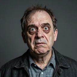 a portrait photo of Mr. Frumpy Grumps, the misshapen lump of a man, with a grotesque smushed forehead and creepy bug eyes with missing teeth