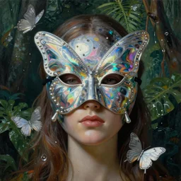 baroque neoclassicist close - up portrait of a being wearing a reflective iridescent butterfly domino mask, in front of a wet jungle. silver butterflies. highly detailed science fiction painting by norman rockwell, frank frazetta, and syd mead. rich colors, high contrast, gloomy atmosphere. trending on artstation and behance.