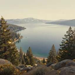 a retrowave style artwork of lake tahoe national park, a land of the dead, divine, hazy, volumetric lighting, spacetime bending, very detailed, serene, gold accents, washed out colors, beautiful artwork, master level composition, raytracing