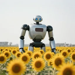 a wide angle landscape photo of a field of sunflowers being enjoyed by an up close giant humanoid robot, lpoty, award winning, bokeh, soft focus, photography