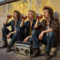 beautiful oil matte portrait painting, 8 0 s punks sitting on the berlin wall drinking bottles of beer and listening to a boombox, wonderful masterpiece highly detailed, beautiful cinematic light deep focus, elegant, digital painting, smooth, sharp focus, golden ratio, dramatic illumination, ultra realistic, 8 k, art by jimmy law