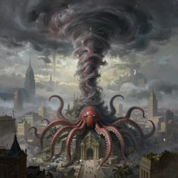 epic hyperdetailed portrait of tornado cthulhu 🐙🕷 towering above the city. highly detailed portrait, rococo, digital painting, artstation, concept art, intricate, elegant. art by craig mullins and artgerm and greg rutkowski and alphonse mucha, masterpiece. misty cityscape