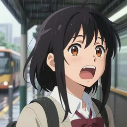 anime headshot portrait of young yelling girl on bus station in rain by makoto sinkai, fine details