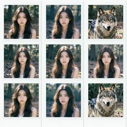 polaroid collage, sunllight, girl, wolf