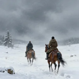Two northerners on horseback seen from afar riding in the snow, snowy landscape, snow storm, fantasy, highly detailed, digital painting, artstation, concept art, illustration, art by Greg Rutkowski and Marc Simonetti
