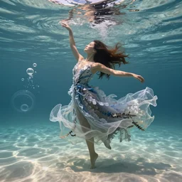 a beautiful woman with long hair dancing underwater wearing a very long flowing dress made of many translucent layers of silver and blue lace seaweed that twirls sideways in the current, gentle ocean waves above cause the flicker of caustics lighting on the soft sandy bottom, bubbles flicker with large translucent swirling shapes in the background, octane render, cinematic, hyperdetailed