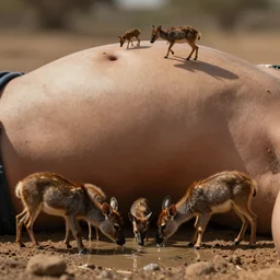 macro photograph of a person's belly. tiny African animals are drinking out of an oasis around the belly button