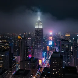 modern new york cityscape at night, low clouds, foggy, colorful lighting, dark atmosphere, neon signs and billboard ads, dim volumetric lighting, 8 k octane render, hdr, postprocessing, hyperdetailed, intricate, epic composition, cinematic lighting, masterpiece, trending on artstation, by nathan walsh, by greg rutkowski