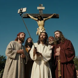 a photo of jesus of nazareth and his 1 2 apostles taken with a selfie stick in front of a cross