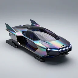 photo of an iridescent skin futuristic pod vehicle with aerodynamic fins, box - shaped dark glass and plastic, venturi tunnels, neon lights, octane render