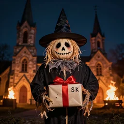 portrait photo still of a spooky scarecrow holding a birthday present, wearing a witches hat, in front of an old church on fire at night, 8 k, 8 5 mm f 1. 8