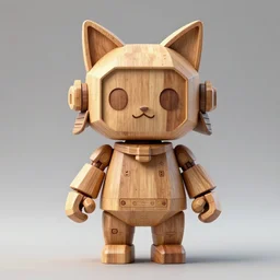 highly detailed, symetrical, geometrical, cgsociety, artstation, concept art official art, octane illustration artoys cute figurine wooden robots samourai cat ears in wood sculpture