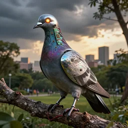 robotic scifi pigeon with chrome beak, metal wings, glowing eye, perched on a tree branch, lush city park, golden hour, intense storm clouds, city background, electronics circuit board and wires, panels and rivets, iridescent, grunge and dirt, sharp details, octane render, artstation, designed by lamborghini and tesla
