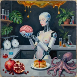 dark kitchen of an art student, sensual portrait of a female transhuman robot holding a brain, japanese pottery, scales, tropical houseplants, test tubes, honey dripping from ceiling, berries dripping juice, pancakes, pomegranate, berries, octopus, scientific glassware, neo - expressionism, surrealism, acrylic and spray paint and oilstick on canvas