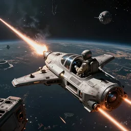 ultra wide angle view of pilot in a futuristic sci - fi space ship in a space laser battle, stunning, dramatic, detailed, hyperrealistic photography